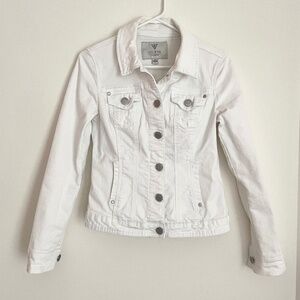 Women's Guess White Denim Jacket Bomber with Silver Buttons Size Medium